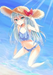 Rule 34 | 1girl, bare arms, bare legs, bare shoulders, barefoot, between legs, bikini, blue bikini, blue eyes, blush, bow, brown hat, closed mouth, commentary request, day, frilled bikini, frills, hair between eyes, hand between legs, hand on headwear, hand up, hat, hat bow, hibiki (kancolle), highres, hizaka, kantai collection, kneeling, long hair, looking at viewer, outdoors, polka dot, polka dot bikini, red bow, silver hair, solo, straw hat, sunlight, swimsuit, very long hair, water, wet