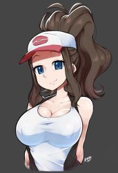 Rule 34 | 1girl, arms at sides, artist name, bare shoulders, baseball cap, black background, black vest, blue eyes, breasts, brown hair, cleavage, closed mouth, collarbone, covered erect nipples, creatures (company), cropped torso, eyelashes, game freak, hat, head tilt, high ponytail, highres, hilda (pokemon), large breasts, looking at viewer, maru zyru kun, medium hair, nintendo, pink hat, poke ball print, poke ball symbol, pokemon, pokemon bw, print headwear, shirt, sidelocks, simple background, sleeveless, sleeveless shirt, smirk, solo, taut clothes, taut shirt, tight clothes, upper body, vest, white hat, white shirt