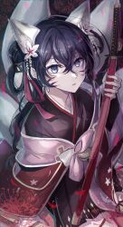 Rule 34 | 1girl, absurdres, animal ear fluff, animal ears, black kimono, blue eyes, blue hair, bungou stray dogs, cowboy shot, facial mark, flower, fox ears, fox girl, fox tail, haveanicedream, highres, holding, holding sword, holding weapon, izumi kyouka (bungou stray dogs), japanese clothes, katana, kimono, long hair, looking at viewer, multiple tails, red flower, scabbard, sheath, sheathed, sitting, solo, spider lily, sword, tail, weapon