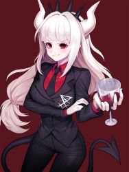 Rule 34 | 1girl, blush, breasts, commentary, cup, demon girl, demon horns, demon tail, drinking glass, gloves, helltaker, highres, holding, horns, kyundoo, large breasts, long hair, looking at viewer, lucifer (helltaker), mole, mole under eye, necktie, pale skin, red background, red eyes, red shirt, shirt, simple background, smile, solo, tail, white hair, white horns, wine glass
