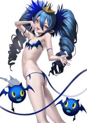 Rule 34 | 1girl, :d, :p, ass, bare shoulders, bikini, blue bikini, blue hair, blue nails, bombergirl, breasts, brown eyes, commentary request, drill hair, fangs, from side, front-tie bikini top, front-tie top, hair between eyes, heart, heart tattoo, highres, lewisia aquablue, long hair, looking at viewer, looking to the side, nail polish, open mouth, pubic tattoo, revision, side-tie bikini bottom, simple background, small breasts, smile, solo, suketoudara (artist), swimsuit, tail, tattoo, tongue, tongue out, twin drills, twintails, very long hair, white background