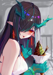 Rule 34 | 1girl, :p, absurdres, arknights, bare shoulders, black hair, breasts, commentary request, dusk (arknights), food, hair over one eye, highres, holding, holding food, horns, ice cream, index finger raised, long hair, looking at viewer, medium breasts, multicolored hair, orange eyes, pocky, pointy ears, shuixi, sleeveless, smile, solo, streaked hair, tongue, tongue out