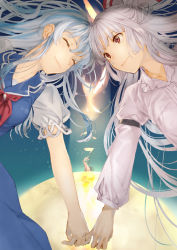Rule 34 | 2girls, blue dress, blue hair, bow, commentary request, dress, closed eyes, facing another, fujiwara no mokou, hair bow, holding finger, kamishirasawa keine, kayako (tdxxxk), long hair, long sleeves, looking at another, multiple girls, no headwear, no headwear, red eyes, shirt, short sleeves, smile, touhou, white hair, white shirt