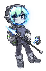Rule 34 | 1girl, alien, aqua hair, black eyes, black footwear, black gloves, boots, breasts, colored skin, creature and personification, energy weapon, full body, gigazapper, gloves, grey skin, helmet, holding, holding polearm, holding weapon, knee boots, no nose, nyong nyong, personification, polearm, reference inset, short hair, simple background, small breasts, solo, space helmet, spear, standing, terraria, weapon, white background