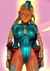 Rule 34 | 1990s (style), 1girl, ahoge, blonde hair, blue eyes, blue leotard, braid, breasts, cammy white, capcom, elbow gloves, garrison cap, gloves, hat, highleg, highleg leotard, huge ahoge, jintetsu, leotard, long hair, medium breasts, necktie, retro artstyle, scar, shiny clothes, shiny skin, solo, street fighter, street fighter ii (series), street fighter zero (series), twin braids, very long hair