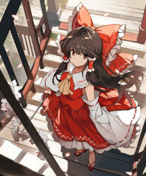 Rule 34 | 1girl, ahoge, asakura maru, ascot, black hair, bow, brown eyes, closed mouth, commentary request, detached sleeves, full body, hair bow, hair tubes, hakurei reimu, highres, long hair, looking at viewer, outdoors, red bow, red shirt, red skirt, ribbon-trimmed sleeves, ribbon trim, sandals, shirt, skirt, smile, solo, stairs, standing, touhou, yellow ascot, zouri
