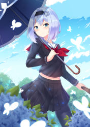 Rule 34 | 10s, 1girl, absurdres, black hairband, black pantyhose, black serafuku, black shirt, black skirt, blue eyes, blue sky, blue umbrella, blurry, blurry foreground, blush, closed mouth, cloud, commentary request, day, depth of field, fingernails, folded fan, folding fan, hair between eyes, hair ornament, hairband, hand fan, highres, holding, holding fan, holding umbrella, holmemee, long sleeves, looking at viewer, midriff, midriff peek, neckerchief, outdoors, pantyhose, pinky out, pleated skirt, red neckerchief, ryuuou no oshigoto!, school uniform, serafuku, shirt, silver hair, skirt, sky, snowflake hair ornament, solo, sora ginko, umbrella