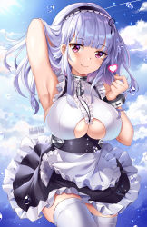 Rule 34 | 1girl, apron, arm up, armpits, azur lane, breasts, choker, cleavage, cleavage cutout, clothing cutout, cloud, cloudy sky, cowboy shot, day, dido (azur lane), hairband, heart, highres, large breasts, looking at viewer, maid, maid apron, metal choker, outdoors, pink eyes, purple hair, sky, smile, solo, squchan, thighhighs, white thighhighs