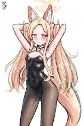 Rule 34 | 1girl, :o, absurdres, animal ear fluff, animal ears, armpits, arms behind head, arms up, black leotard, blonde hair, blue archive, blush, breasts, brown pantyhose, commentary, covered navel, english commentary, forehead, halo, highres, leotard, long hair, looking at viewer, pantyhose, parted bangs, parted lips, pink hair, playboy bunny, rylaera, seia (blue archive), signature, simple background, small breasts, solo, standing, strapless, strapless leotard, tail, twintails, very long hair, white background