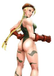 Rule 34 | 1girl, ahoge, antenna hair, ass, bare shoulders, blonde hair, blue eyes, braid, cammy white, camouflage, capcom, colored skin, elbow gloves, fingerless gloves, gloves, highres, leotard, lips, long hair, looking back, monkeybeard, muscular, nose, realistic, solo, street fighter, thong leotard, transparent background, twin braids