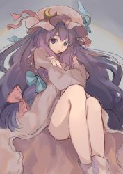Rule 34 | 1girl, :p, bad id, bad pixiv id, blue bow, bow, commentary, crescent, crescent pin, dress, feet out of frame, hat, highres, legs together, long hair, looking at viewer, mob cap, patchouli knowledge, pink bow, pink dress, pink hat, purple eyes, purple hair, self hug, smile, solo, tongue, tongue out, touhou, vanilla (miotanntann), very long hair