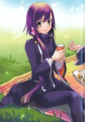 Rule 34 | 10s, 1girl, cup, drink, field, grass, long hair, looking at viewer, outdoors, picnic, purple hair, scan, school uniform, sitting, smile, snack, tagme, tokyo ravens, tsuchimikado natsume, yellow eyes