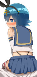 Rule 34 | 10s, 1girl, absurdres, ass, bad id, bad pixiv id, bare shoulders, bed sheet, black panties, black ribbon, blue eyes, blue hair, blue sailor collar, blue skirt, blunt bangs, blush, bright pupils, cosplay, creatures (company), crop top, crossover, elbow gloves, flipped hair, from behind, game freak, gloves, hairband, highleg, highleg panties, highres, kantai collection, lana (pokemon), looking at viewer, looking back, matching hair/eyes, microskirt, miniskirt, nintendo, npc trainer, otoko no musume, otoko no musume (otokonoko111), panties, pleated skirt, pokemon, pokemon sm, profile, ribbon, sailor collar, school uniform, serafuku, shimakaze (kancolle), shimakaze (kancolle) (cosplay), shirt, short hair, simple background, sitting, skirt, sleeveless, sleeveless shirt, solo, striped clothes, striped thighhighs, sweat, thighhighs, trial captain, underwear, white background, white gloves, white shirt