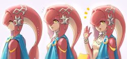 Rule 34 | 1girl, blush, breasts, colored skin, fins, fish girl, from side, grey background, hair ornament, highres, jewelry, long hair, looking at viewer, looking back, mipha, monster girl, multicolored skin, multiple views, nintendo, no eyebrows, open mouth, pointy ears, profile, red hair, red skin, saburou (jako), small breasts, smile, the legend of zelda, the legend of zelda: breath of the wild, yellow eyes, zora