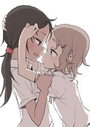Rule 34 | 2girls, absurdres, bad hands, bad proportions, black hair, blouse, blush, brown hair, commentary request, hair ornament, hairclip, hand on another&#039;s head, highres, hug, imminent kiss, looking at another, multiple girls, original, ponytail, shirt, simple background, standing, tan, wavy mouth, white background, white shirt, yamamoto souichirou, yuri
