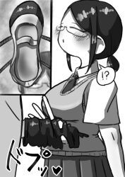 Rule 34 | 1girl, absurdres, blush, closed eyes, cum, ejaculation, glasses, handjob, highres, long hair, monochrome, parted lips, r na tekuteku, school uniform, shoes, single shoe, sock on penis, sockjob, socks, unworn shoes, unworn socks, uwabaki