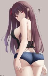 Rule 34 | 1girl, armpit crease, ass, back, backless outfit, bare arms, bare shoulders, black shirt, blue shorts, breasts, butt crack, camisole, cowboy shot, crop top, denim, denim shorts, from behind, frown, girls&#039; frontline, halterneck, halterneck, highres, jewelry, keenh, large breasts, long hair, looking at viewer, looking back, micro shorts, midriff, one side up, parted lips, purple hair, red eyes, ring, shirt, shorts, sidelocks, sleeveless, sleeveless shirt, solo, spaghetti strap, strap gap, thighs, v-shaped eyebrows, wa2000 (girls&#039; frontline)