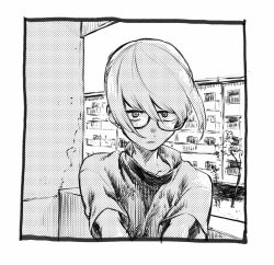 Rule 34 | 1girl, apartment, breasts, character request, commentary request, glasses, greyscale, highres, kotoyama, looking at viewer, monochrome, monochrome, original, short hair, solo