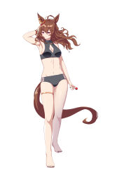 Rule 34 | 1girl, absurdres, ahoge, animal ears, arm up, armpits, bails, barefoot, bikini, black bikini, black nails, bracelet, breasts, brown hair, candy, cleavage, cleavage cutout, closed mouth, clothing cutout, commentary request, ear ornament, ear piercing, food, full body, hair between eyes, highres, holding, holding candy, holding food, holding lollipop, horse ears, horse girl, horse tail, jewelry, lollipop, long hair, medium breasts, nail polish, nakayama festa (entrust myself to the dice) (umamusume), nakayama festa (umamusume), official alternate costume, piercing, purple eyes, simple background, solo, swimsuit, tail, thigh strap, toenail polish, toenails, umamusume, white background