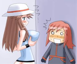 Rule 34 | 1boy, 1girl, blush, breasts, brown hair, copo deluxe, creatures (company), embarrassed, game freak, green (pokemon), hat, holding, kiyobeii, large breasts, long hair, nintendo, open mouth, pokemon, pokemon adventures, red hair, shirt, silver (pokemon), simple background, smile, standing