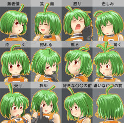 Rule 34 | 1girl, :&lt;, ahoge, blush, chart, ctc, expressions, fl-chan, fl studio, green hair, middle finger, red eyes, solo, sweat, tears