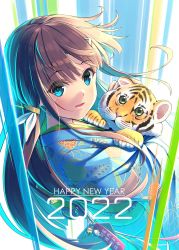 Rule 34 | 1girl, 2022, animal, animal hug, bell, blue eyes, blue kimono, brown hair, from side, happy new year, highres, holding, holding animal, japanese clothes, jingle bell, kimono, kuro-kun (nablack), long hair, looking at viewer, looking to the side, mole, mole under eye, new year, original, print kimono, smile, solo, tiger, translation request