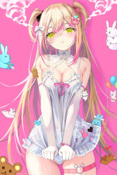 Rule 34 | 1girl, @ @, akie (44265104), babydoll, black bow, blonde hair, blood, blush, bow, bracelet, breasts, cat ornament, cleavage, collarbone, commentary, covered navel, detached collar, elbow gloves, english commentary, floral print, gloves, hair bow, hair ornament, halo, heart, heart-shaped eyes, heart-shaped ornament, heart hair ornament, highres, jewelry, medium breasts, multicolored hair, nosebleed, original, pacifier, panties, parted lips, pink bow, pink hair, rabbit, rabbit ornament, see-through, solo, steam, stuffed animal, stuffed rabbit, stuffed toy, sweatdrop, teddy bear, thigh strap, two-tone hair, two side up, underwear, white babydoll, white bow, white gloves, white panties, yellow eyes