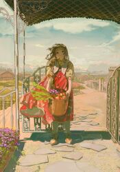 Rule 34 | 1girl, absurdres, basket, blue sky, bow, brown footwear, brown hair, building, buttons, canopy (shelter), collared shirt, commentary, day, dress, fence, field, floral print, flower, food, footwear bow, full body, gate, grass, green eyes, highres, holding, holding basket, lace, lace-trimmed dress, lace trim, landscape, long hair, looking at viewer, mountain, mountainous horizon, original, outdoors, path, purple flower, red dress, road, scenery, shirt, shoes, sky, smile, solo, standing, stepping stones, symbol-only commentary, tamomoko, vegetable, yellow shirt