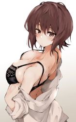 Rule 34 | 10s, 1girl, back, black bra, bra, breasts, brown eyes, brown hair, cleavage, dress shirt, girls und panzer, gradient background, grey background, hair between eyes, highres, large breasts, looking at viewer, looking back, muteki soda, nishizumi maho, shirt, short hair, solo, unbuttoned, unbuttoned shirt, underwear, upper body