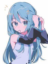 Rule 34 | 1girl, adjusting hair, alternate hairstyle, bare shoulders, black sleeves, blue eyes, blue hair, blue necktie, blush, detached sleeves, grey shirt, hair ornament, hair tie in mouth, hairclip, hatsune miku, long hair, looking at viewer, mouth hold, necktie, notice lines, shirt, simple background, sleeveless, sleeveless shirt, solo, two side up, tying hair, umi (umui), upper body, vocaloid, white background