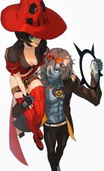 Rule 34 | 1boy, 1girl, belt, black hair, blue horns, blue skin, breasts, cleavage, collarbone, colored skin, dark halo, glasses, guilty gear, halo, happy chaos, highres, hitsuji kusa, horns, i-no, looking at another, red headwear, sitting, white background, white hair