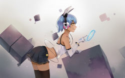 Rule 34 | 1girl, aliceblue, arched back, bad id, bad pixiv id, belt, bent over, black thighhighs, blue hair, bracelet, crop top, cube, elbow gloves, fang, fang out, from side, gloves, headphones, highres, jewelry, miniskirt, original, pleated skirt, profile, robot ears, short twintails, skirt, smile, solo, tank top, tattoo, thighhighs, twintails, yellow eyes, zettai ryouiki