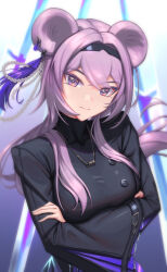 Rule 34 | 1girl, animal ears, arknights, black dress, black hairband, bowlp, breasts, closed mouth, crossed arms, dress, gradient background, hairband, highres, jewelry, large breasts, lin (arknights), long hair, long sleeves, looking at viewer, mouse ears, necklace, purple background, purple eyes, purple hair, solo, upper body, white background, wide sleeves