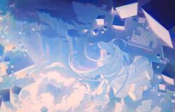 Rule 34 | 1girl, above clouds, abstract, absurdres, bare arms, bare shoulders, blue hair, blue theme, chinese commentary, cloud, commentary request, cube, dissolving, dress, feisekong286, floating, floating hair, floating object, from above, highres, long hair, original, scenery, sitting, sleeveless, sleeveless dress, solo, very long hair, white dress, wide shot