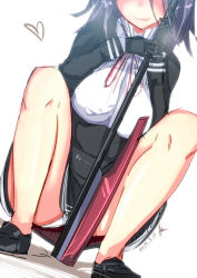 Rule 34 | 10s, 1girl, artist name, black dress, black footwear, black gloves, blush, breasts, dated, dress, glaive (polearm), gloves, head out of frame, heart, holding, holding weapon, kantai collection, large breasts, long hair, long sleeves, panties, pantyshot, polearm, purple hair, red ribbon, rib:y(uhki), ribbon, shoes, short dress, signature, simple background, smile, solo, squatting, tatsuta (kancolle), tongue, tongue out, underwear, weapon, white background, white panties