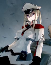 Rule 34 | 1girl, black gloves, black skirt, blonde hair, blue eyes, breasts, capelet, gloves, graf zeppelin (kancolle), hair between eyes, hat, kantai collection, large breasts, long hair, long sleeves, machinery, military, military uniform, peaked cap, sidelocks, skirt, solo, twintails, uniform, yamaioni (sasakama)