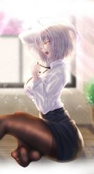 Rule 34 | 1girl, ahoge, alternate costume, black pantyhose, black skirt, bra visible through clothes, breasts, contemporary, fate/grand order, fate (series), grey hair, highres, jeanne d&#039;arc alter (fate), large breasts, no shoes, on floor, pantyhose, pencil skirt, penguintake, profile, shirt, sitting, skirt, soles, solo, sunlight, toes, untied ribbon, white shirt, wooden floor