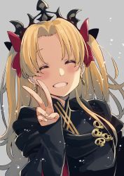 Rule 34 | 1girl, blonde hair, blush, bow, closed eyes, earrings, ereshkigal (fate), ereshkigal (third ascension) (fate), fate/grand order, fate (series), gold earrings, grey background, hair bow, happy, highres, imigimuru, jewelry, long hair, smile, solo, tiara, twintails, v