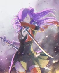 Rule 34 | 1girl, armor, artist request, asymmetrical clothes, bad id, bad twitter id, breasts, cape, choker, cleavage, closed mouth, dual wielding, fire emblem, fire emblem: three houses, fire emblem warriors, fire emblem warriors: three hopes, gloves, hair bun, hair over one eye, holding, large breasts, long hair, long sleeves, looking at viewer, nintendo, purple eyes, purple hair, shez (female) (fire emblem), shez (fire emblem), simple background, single glove, single hair bun, solo, upper body