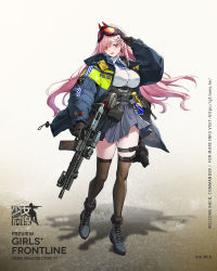 Rule 34 | 1girl, assault rifle, bag, belt, black footwear, black gloves, black thighhighs, blue jacket, blue skirt, blush, boots, breasts, carbine, character name, commentary request, copyright name, earrings, electroshock weapon, eyewear on head, floor, girls&#039; frontline, gloves, gun, heart, heart earrings, highres, holding, jacket, jewelry, large breasts, less-than-lethal weapon, long hair, looking at viewer, mole, mole under eye, neck tattoo, official art, open clothes, open jacket, open mouth, pink hair, police, police uniform, red eyes, rifle, salute, shirt, sig mcx (girls&#039; frontline), sig mcx, simple background, skirt, solo, standing, taser, taser x26, tattoo, thighhighs, uniform, walkie-talkie, weapon, white shirt, yitiao er-hua