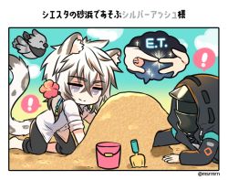 Rule 34 | 2boys, all fours, animal, animal ear fluff, animal ears, arknights, bad id, bad pixiv id, bird, black jacket, black pants, blush, bucket, closed eyes, closed mouth, collared shirt, commentary request, day, doctor (arknights), dress shirt, fingers together, flower, grey eyes, grey hair, hair between eyes, hair flower, hair ornament, hood, hood up, hooded jacket, jacket, leopard ears, leopard tail, long sleeves, male focus, mashiro miru, multicolored hair, multiple boys, outdoors, pants, pants rolled up, red flower, sand, shirt, silverash (arknights), sleeves rolled up, smile, sparkle, tail, tenzin (arknights), translation request, trowel, twitter username, two-tone hair, white hair, white shirt