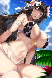 Rule 34 | 1girl, :d, absurdres, animal ears, animal print, arm strap, azur lane, bad id, bad pixiv id, bikini, blush, breasts, brown hair, cow ears, cow girl, cow horns, cow print, cow tail, fary5, flower, hair flower, hair ornament, highres, horns, huge breasts, kashino (azur lane), long hair, looking at viewer, open mouth, purple eyes, skindentation, smile, solo, swimsuit, tail, thighs, white flower