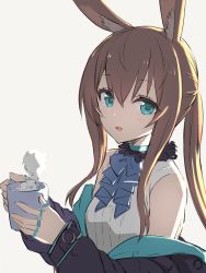 Rule 34 | 1girl, amiya (arknights), animal ears, arknights, ascot, bad id, bad twitter id, bare shoulders, black jacket, blue eyes, brown hair, rabbit ears, cup, gotyou, highres, holding, holding cup, jacket, jewelry, long hair, looking at viewer, mug, multiple rings, off shoulder, open mouth, ponytail, ring, shirt, simple background, sleeveless, sleeveless shirt, solo, steam, upper body, white background, white shirt
