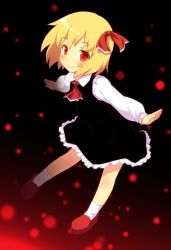 Rule 34 | 1girl, ascot, blonde hair, blush, child, dress, dress shirt, embodiment of scarlet devil, female focus, hair ribbon, looking at viewer, outstretched arms, red eyes, ribbon, rumia, shirt, short hair, skirt, smile, socks, solo, touhou, white socks, yamasan