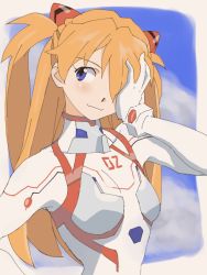Rule 34 | 1girl, artist request, breasts, evangelion: 3.0+1.0 thrice upon a time, gloves, long hair, looking at viewer, neon genesis evangelion, plugsuit, rebuild of evangelion, simple background, smile, solo, souryuu asuka langley, twintails, upper body