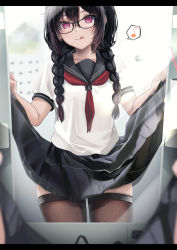 Rule 34 | 1girl, :q, absurdres, black hair, black sailor collar, black skirt, blush, braid, brown thighhighs, closed mouth, clothes lift, commentary request, glasses, hair between eyes, hair over shoulder, highres, lifting own clothes, long hair, looking at viewer, musical note, neckerchief, original, purple eyes, red neckerchief, sailor collar, school uniform, serafuku, shirt, skirt, skirt lift, solo, spoken musical note, thighhighs, tongue, tongue out, twin braids, white shirt, yufou