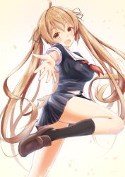 Rule 34 | 1girl, :d, ahoge, black ribbon, black serafuku, black skirt, black socks, breasts, brown eyes, brown footwear, from side, hair ribbon, highres, kantai collection, kneehighs, large breasts, leg up, light brown hair, loafers, long hair, looking at viewer, murasame (kancolle), neckerchief, open mouth, outstretched arm, pleated skirt, red neckerchief, ribbon, school uniform, serafuku, shoes, simple background, skirt, smile, socks, solo, twintails, white background, yomitsuna