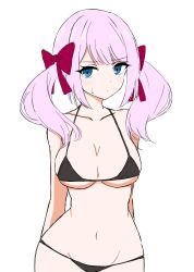 Rule 34 | 1girl, arms behind back, assault lily, bare arms, bare shoulders, bikini, black bikini, blue eyes, blush, bow, breasts, cleavage, closed mouth, collar, commentary request, cowboy shot, groin, hair between eyes, halterneck, highres, large breasts, long hair, looking at viewer, navel, pink hair, red bow, sadamori himeka, simple background, sketch, solo, standing, stomach, string bikini, sweatdrop, swimsuit, twintails, ueda (ueeeeeeeee1006), white background