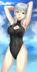 Rule 34 | 1girl, absurdres, akagi kurage, armpits, arms behind head, arms up, breasts, brown eyes, cigarette, cleavage, cleavage cutout, clothing cutout, contrapposto, cowboy shot, day, covered erect nipples, female focus, front zipper swimsuit, grin, highres, impossible clothes, large breasts, latex, long hair, looking at viewer, meme attire, one-piece swimsuit, original, silver hair, sky, smile, smoking, solo, sparkle, standing, swimsuit, water