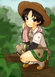 Rule 34 | 10s, 1girl, apron, boots, brown eyes, brown hair, brown hat, casual, closed mouth, collared shirt, dirt, dirty, dirty face, full body, girls und panzer, gloves, green skirt, hat, holding, layered sleeves, long sleeves, looking at viewer, miniskirt, nakajima (girls und panzer), oimo mushi, plant, pleated skirt, rubber boots, shirt, short hair, short over long sleeves, short sleeves, skirt, smile, solo, squatting, sun hat, towel, towel around neck, white footwear, white shirt